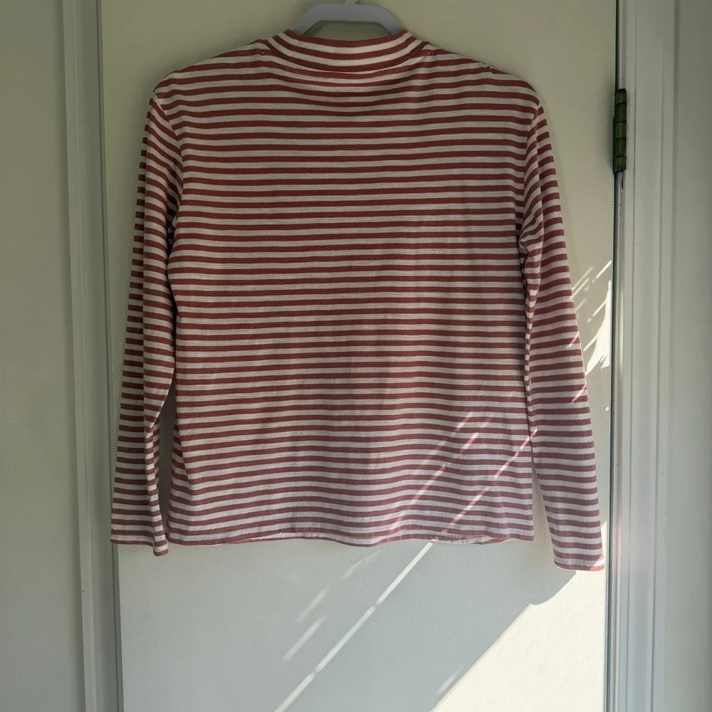 Garnet Hill Organic Pima Cotton Striped Mock Neck Pocket Tee Rust White XS